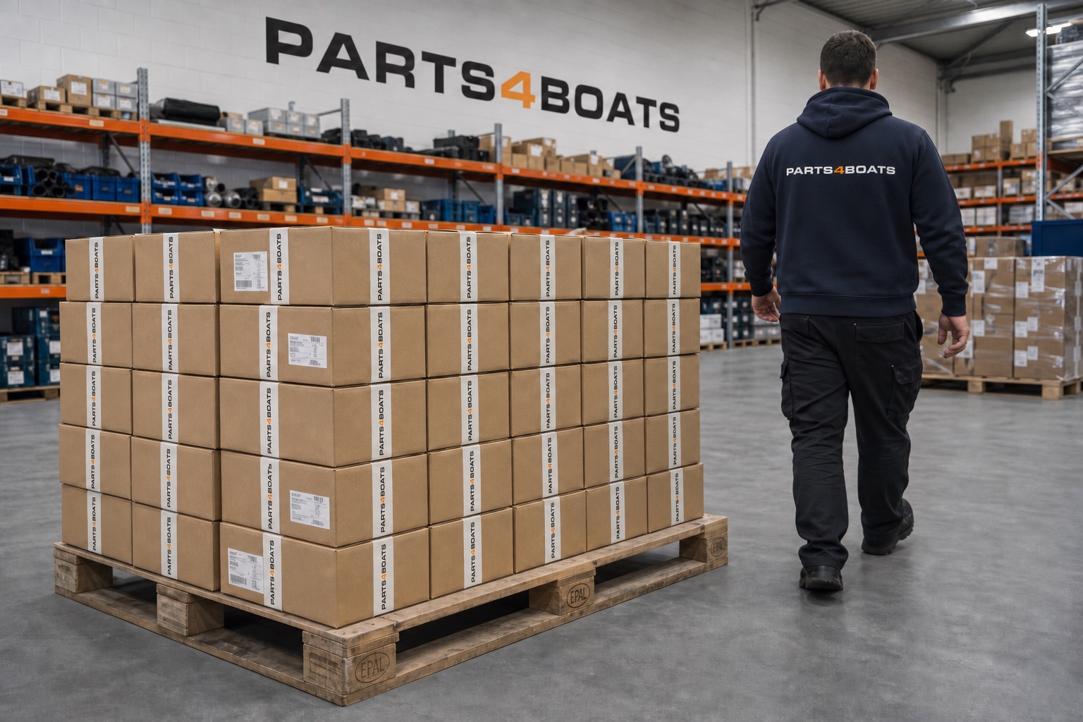 Packages ready to ship in the Parts4Boats warehouse