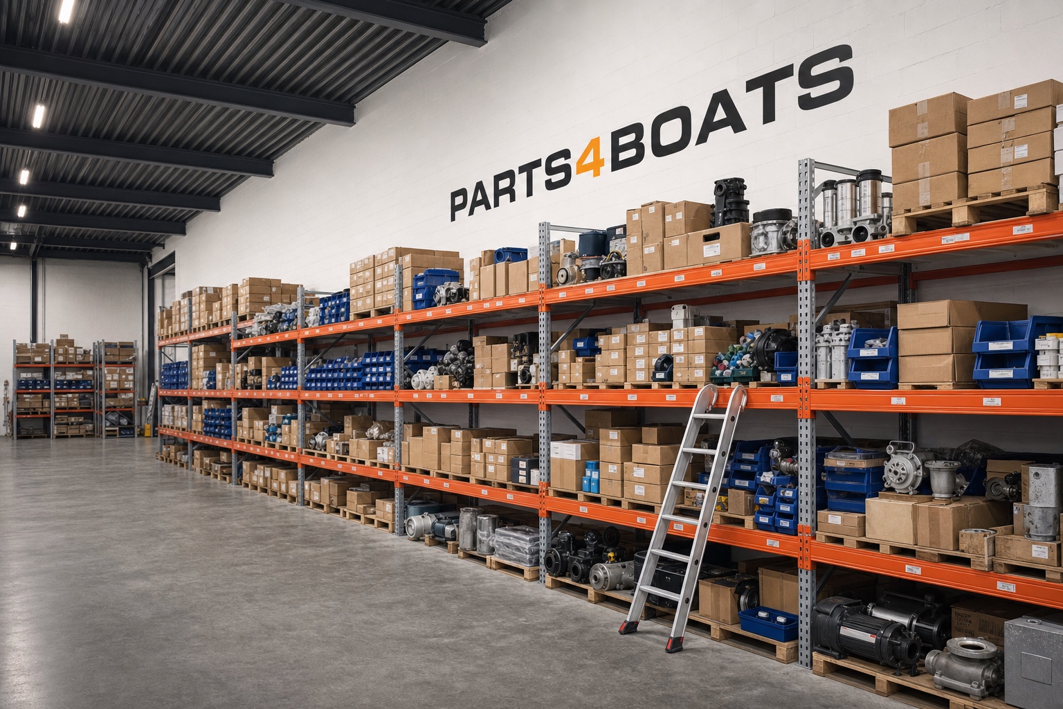 Warehouse racking with Parts4Boats inventory